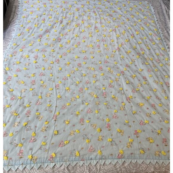 VTG Antique Hand Made Baby Quilt Hand Tied Unisex Blanket Nursery 48 X 42 Bunny - Picture 1 of 4